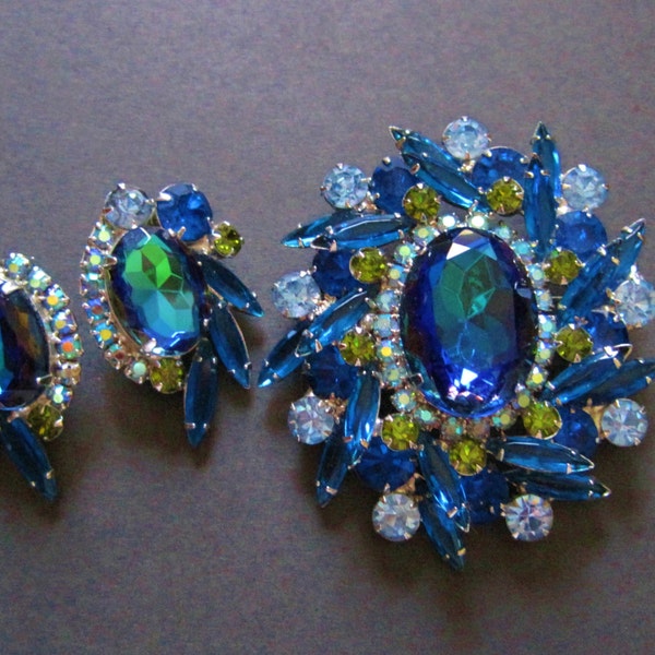 Juliana Bermuda Blue Brooch Earrings Set Heliotrope Watermelon DeLizza & Elster Demi Parure Estate