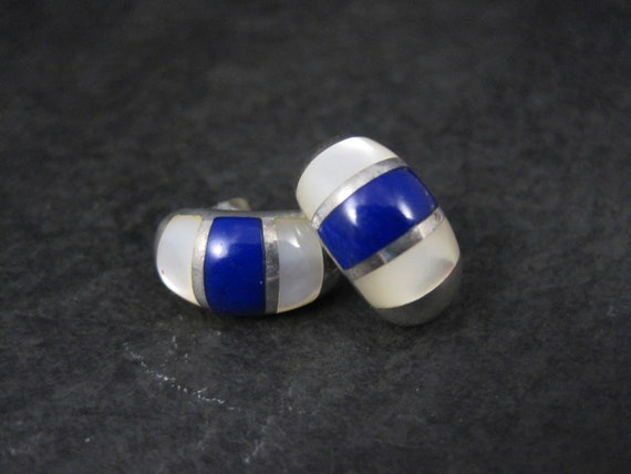 Sterling Mother of Pearl Lapis Lazuli Inlay Earri… - image 2