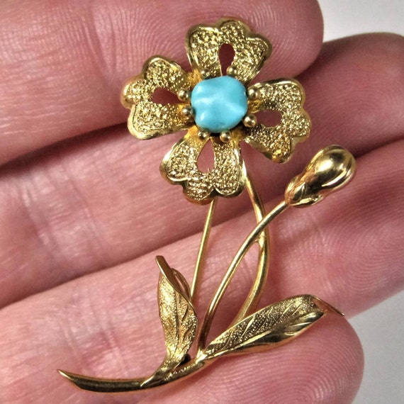 Vintage 14K Turquoise Flower Brooch - image 6