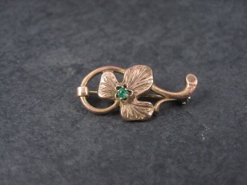 Estate Rose Gold Filled Green Rhinestone Leaf Brooch image 7