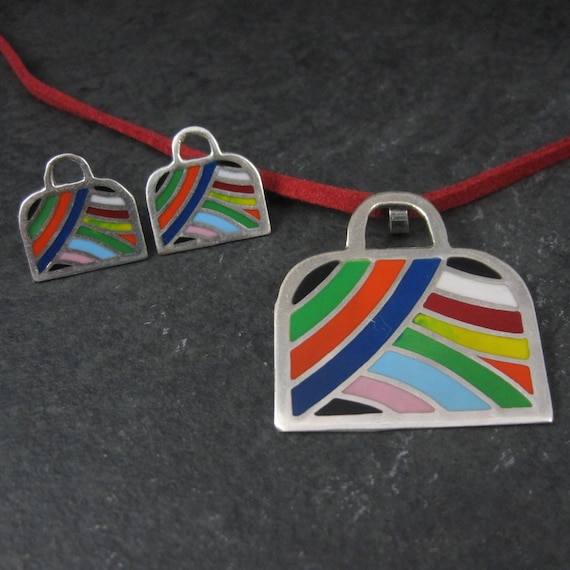 Vintage Enamel Sterling Handbag Necklace Earrings… - image 1