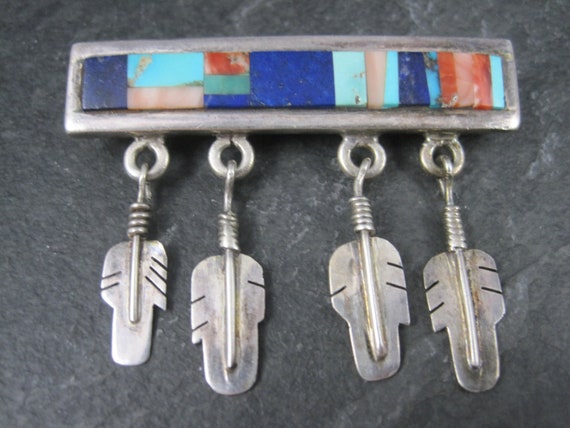 Southwestern Sterling Inlay Feather Brooch Signed - image 3