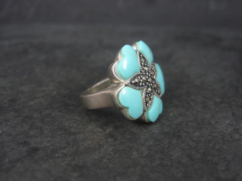 Vintage 90s Faux Turquoise Marcasite Flower Ring Sterling Size 7
