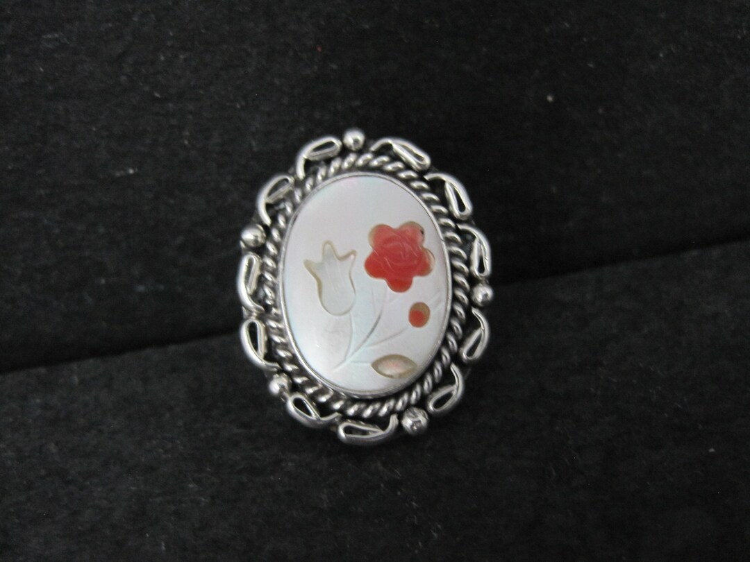 Vintage Mother of Pearl Coral Inlay Flower Ring Southwestern Sterling ...