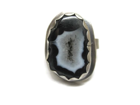 Vintage Black Druzy Geode Ring Sterling Size 9 - image 2