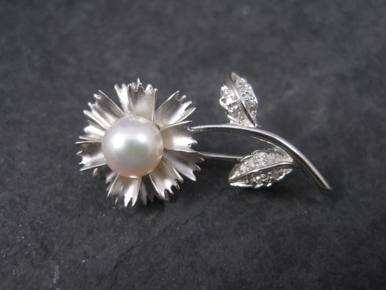 Vintage 14K Pearl Diamond Flower Brooch