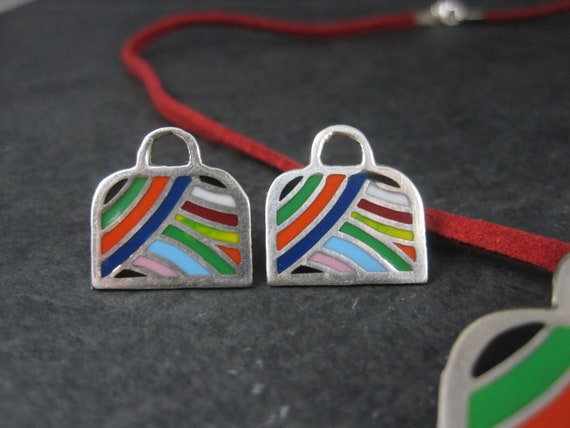 Vintage Enamel Sterling Handbag Necklace Earrings… - image 3