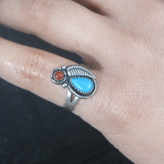 Southwestern Sterling Turquoise Coral Feather Ring - image 1