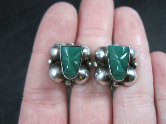 Vintage Mexican Silver Green Onyx Mask Earrings S… - image 5