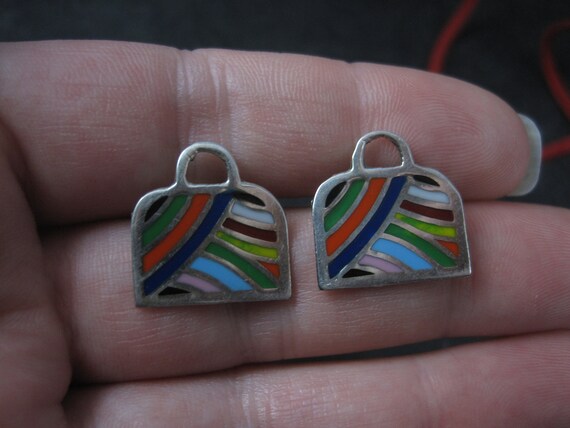 Vintage Enamel Sterling Handbag Necklace Earrings… - image 7