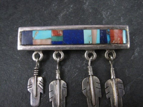 Southwestern Sterling Inlay Feather Brooch Signed - image 4