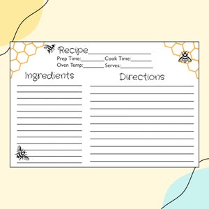Printable Cookbook for Bee Lover Recipe Template 4x6 Recipe Card Vintage Inspired Family Recipe Card PDF Instant Download Custom Recipe Card