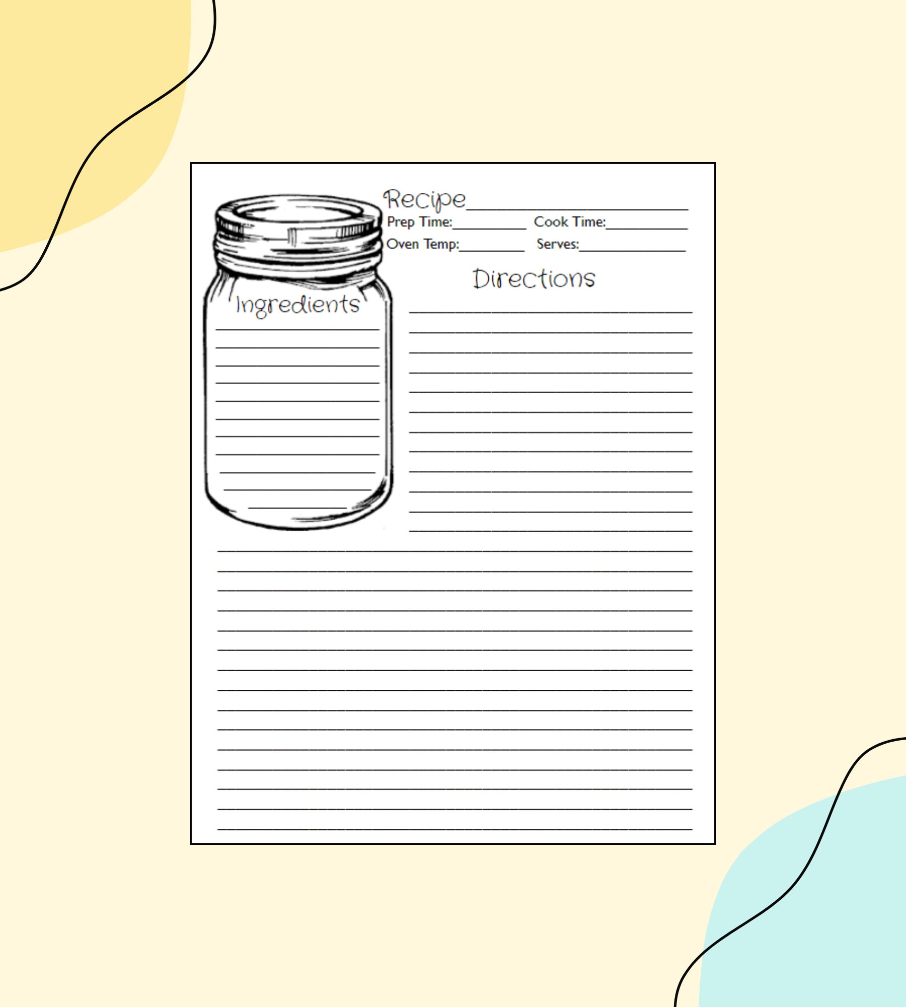 Printable Recipe Card Blank Recipe Card Digital 8.5x11 Recipe Card ...