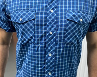 Western Style Blue Plaid Short Sleeve Shirt