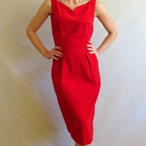 SALE! Stunning handmade 1950's Cherry Red Velvet Dress With Sweetheart Neckline