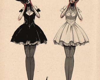 May include: Illustration of two figures wearing bunny masks and dresses, one black and one white, with a red heart above them. A bloody knife lies on the ground between them. The artist's name, JustinONealArt, is in the bottom left corner.