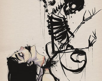 May include: Black and white illustration of a woman with long black hair, looking up at a skeletal figure with two skulls. The woman is wearing a black tank top and the skeletal figure is reaching towards her with its bony hands.