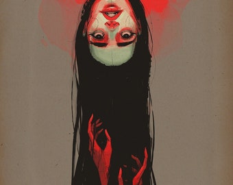 May include: A digital painting of a woman with long black hair, upside down, with red hands reaching out from her hair. The background is a red and gray watercolor wash.