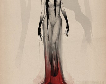 Pode incluir: Uma ilustração assustadora de uma figura espectral em um vestido esvoaçante. A obra apresenta uma mulher com longos cabelos pretos e mãos alongadas, em um cenário de floresta. O vestido transita do cinza para uma poça vermelha na parte inferior.