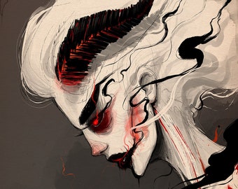 May include: A digital painting of a woman with white hair and a black horn. Her eyes are red and she has a bloody mouth. The background is a dark gray with black and red lines.