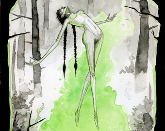 May include: A watercolor painting of a skeletal figure with long black braids, levitating above a green pentagram surrounded by skulls in a dark forest.