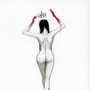 May include: A black and white ink drawing of a nude figure with long black hair wearing a crown and red gloves. The figure is standing with their back to the viewer and their arms raised above their head. The gloves are dripping with red paint.