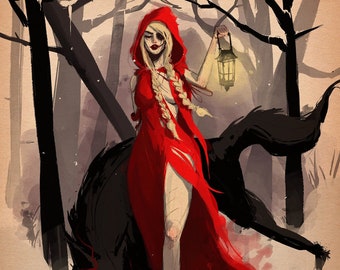 May include: A digital painting of a woman in a red hooded cloak and a wolf. The woman is holding a lantern and has a pale complexion. The wolf is black with red eyes and a bloody mouth. The background is a dark forest.