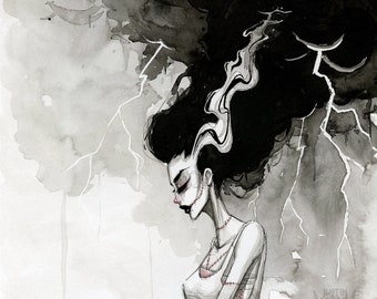 May include: A black and white illustration of a woman with stitched-up skin and a wild, stormy hairstyle. She is wearing a white dress and has a sad expression on her face.