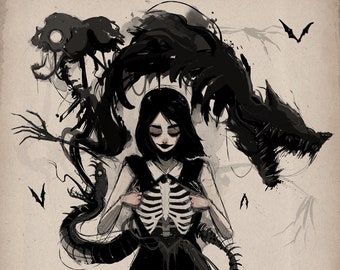 May include: A black and white illustration of a woman with a skeletal ribcage visible through her dress. She is surrounded by dark, shadowy figures, including a wolf and a skeletal creature.