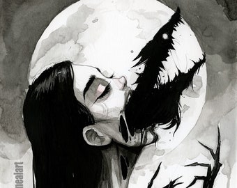 May include: A black and white illustration of a woman with long black hair, her eyes closed, and a large, toothy, black creature emerging from her mouth. The creature's hand is reaching out towards the viewer. The background is a large, white moon.