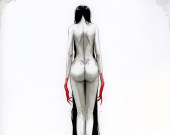May include: A black and white illustration of a woman with long black hair standing with her back to the viewer. Her hands are red, and there is a pool of red liquid at her feet.