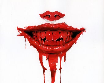 May include: A close-up of a red, dripping, open mouth with sharp teeth. The mouth is set against a white background.