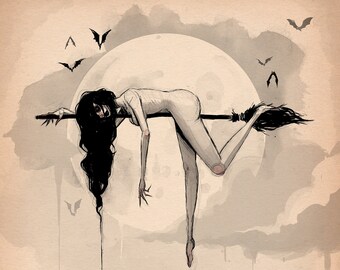 May include: Illustration of a pale figure with long black hair, riding a broom against a backdrop of a full moon and bats. The artwork has a gothic, Halloween theme with a minimalist style.