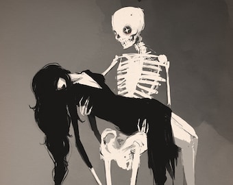 May include: A black and white illustration of a skeleton holding a woman in a black dress. The skeleton has a single star in its eye socket. The woman's face is obscured by her long black hair. The background is a light gray with a faint watercolor effect.