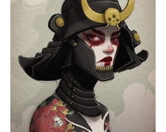 May include: A woman wearing a black samurai helmet with a gold crescent moon and skull design. She has red eyes and red lipstick. Her body is covered in black and white tattoos with red flowers and skulls.