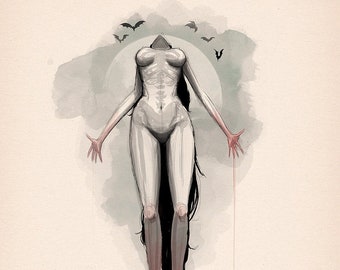 May include: A watercolour illustration of a headless woman with long black hair, floating in the air with her arms outstretched. The background is a soft green watercolour wash with a faint moon and bats.
