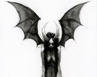 May include: Black and white ink drawing of a woman with horns and wings. The woman is standing with her wings spread out behind her. The drawing is on a white background.