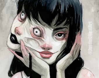 May include: A watercolor painting of a woman with black hair and a white top. Her face is partially obscured by a second face with large, white eyes. The painting has a dark and eerie feel.