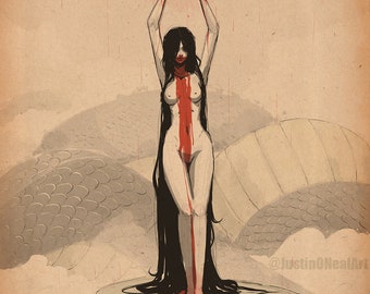 Pode incluir: Ilustração de uma figura segurando um coração, com sangue escorrendo. A figura está em uma plataforma adornada com crânios. A obra de arte é em tons de vermelho, preto e bege, com a assinatura do artista no canto inferior direito.