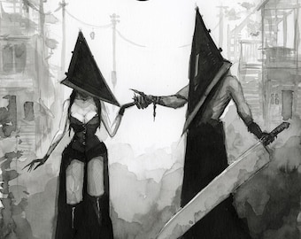 May include: A monochrome watercolour illustration shows two figures with pyramid-shaped heads. One, in a long black dress, holds hands with another, who carries a large sword. A crescent moon is in the sky above a street scene.