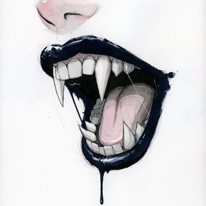 May include: A black and white illustration of a mouth with sharp teeth and a dripping black substance. The mouth is open wide, revealing the teeth and tongue. The illustration is signed "@JustinONealArt".