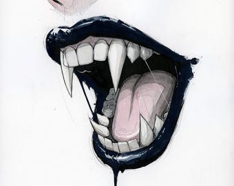May include: A black and white illustration of a mouth with sharp teeth and a dripping black substance. The mouth is open wide, revealing the teeth and tongue. The illustration is signed "@JustinONealArt".