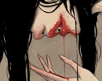 May include: A woman with long black hair is shown with blood dripping from her mouth and hand. The background is a light brown color. The text "@JustinONealArt" is at the bottom of the image.