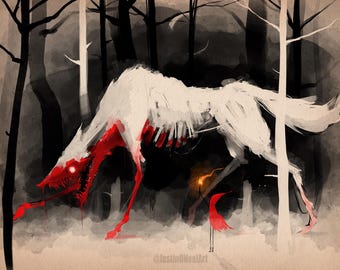 May include: A white, skeletal wolf with glowing red eyes stands in a dark forest. The wolf's body is covered in blood, and its mouth is open in a menacing snarl. A small, red figure stands in the distance, holding a lantern.