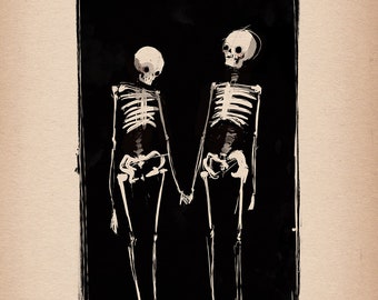 May include: A black and white illustration of two skeletons holding hands against a black background. The skeletons are drawn in a simple, stylised manner, and the image has a slightly spooky feel.