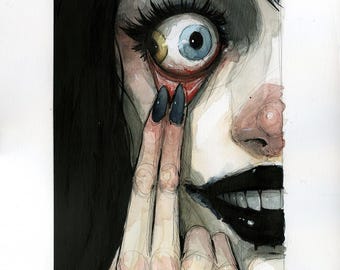 May include: A watercolour painting of a face with a large eye, black hair, and dark lipstick. The eye is blue and yellow, with long eyelashes. Fingers with black nail polish pull down the lower eyelid. The artist's name is in the bottom left corner.