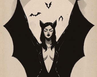 May include: Illustration of a woman in a bat costume with outstretched wings. The artwork is in black and white, with a full moon in the background and bats flying around. The artist's name, @JustinONealArt, is in the bottom right corner.