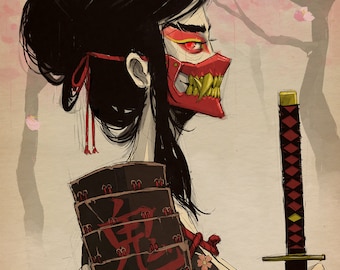 May include: A woman with long black hair wearing a red mask with sharp teeth and a red and black samurai armor. She is holding a katana sword with a gold hilt. The background is a light brown with pink cherry blossoms.