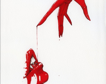 May include: A red hand with dripping blood reaches down towards a pair of red lips with fangs, also dripping blood. The background is white.
