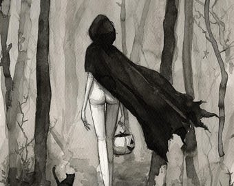 May include: A black and white illustration of a person wearing a hooded cloak and carrying a jack-o-lantern. The person is walking through a forest with a black cat following behind. The image is signed "@JustinONealArt".